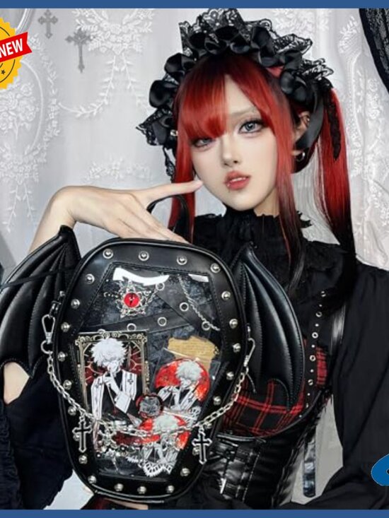Faux Leather Coffin Backpack with Detachable Bat Wings, Enamel Pin Display main image 6